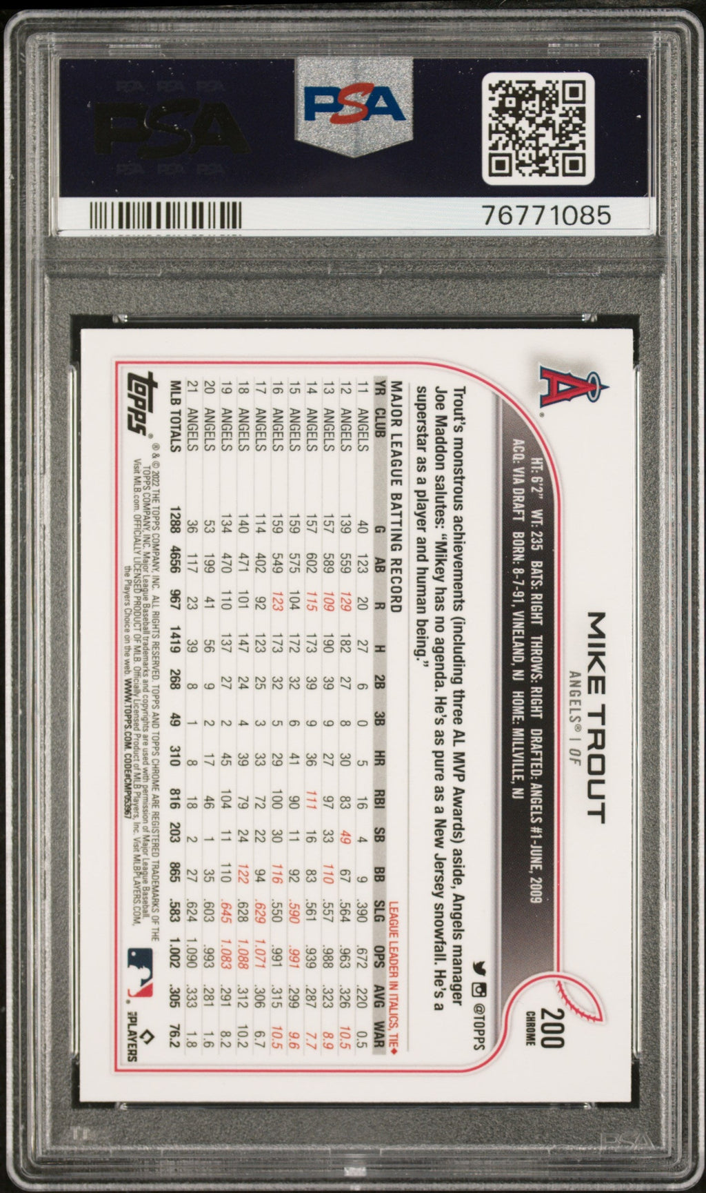 Graded 2022 Topps Chrome Mike Trout #200 Black/White Mini Diamond Refractor Baseball Card PSA 10 Gem Mint