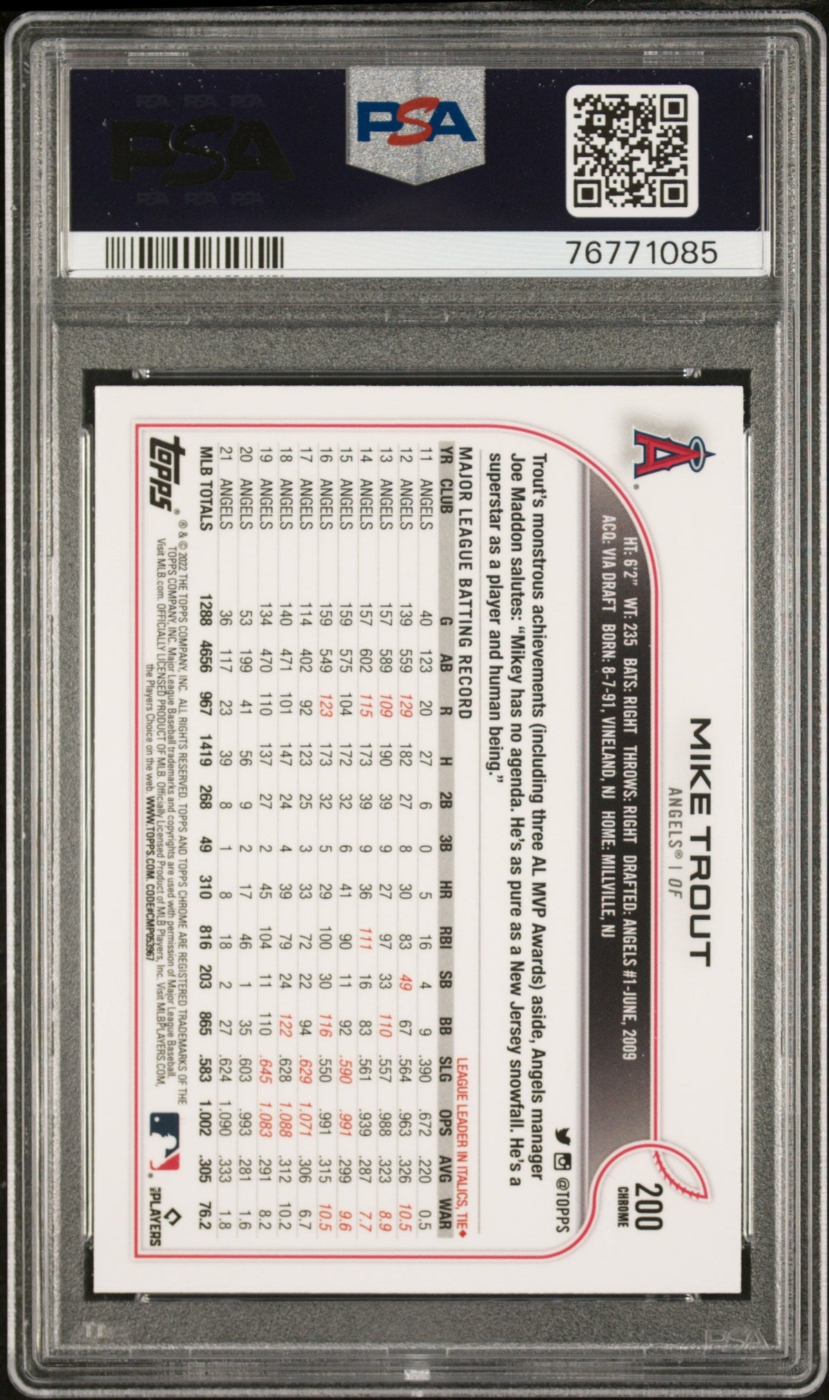 Graded 2022 Topps Chrome Mike Trout #200 Black/White Mini Diamond Refractor Baseball Card PSA 10 Gem Mint