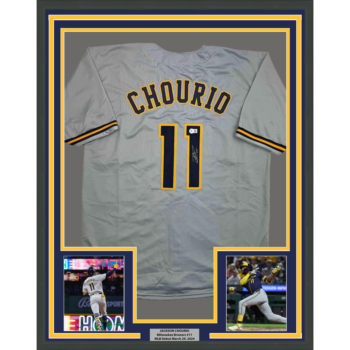 Framed Autographed/Signed Jackson Chourio 35x39 Milwaukee Grey Baseball Jersey Beckett BAS COA